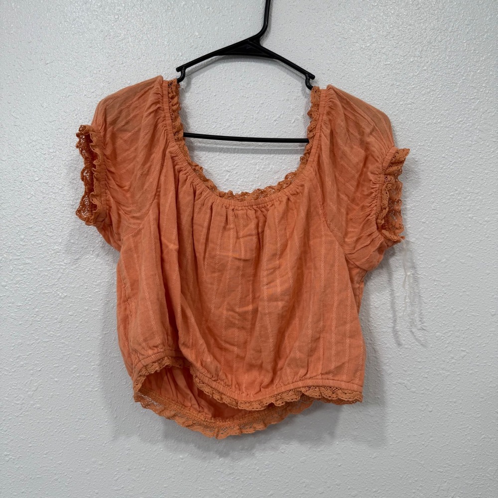 American Eagle Orange Cropped Square Neck Lace Trim Off Shoulder Top M - Picture 4 of 7